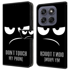 Motorola Moto G67 / G87 / G77 lompakkokotelon etukannessa on ärhäkkä Don't Touch My Phone kuvio.