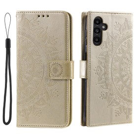 Mandalakuvioinen Samsung Galaxy A27 lompakkokotelo suljetaan läpällä, ja mukana tulee irrotettava rannelenkki.