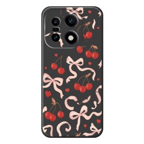 OnePlus 15 puhelimen kuorissa on söpö kirsikka ja rusetti kuviointi.