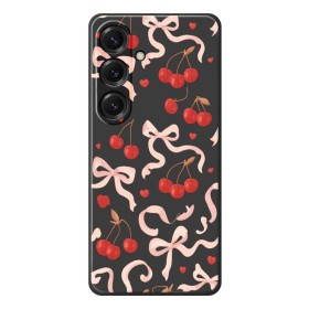Galaxy S25 suojakuori on koristeltu rusetti ja kirsikkakuviolla.