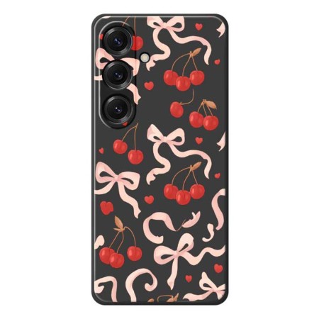 Galaxy S25 suojakuori on koristeltu rusetti ja kirsikkakuviolla.