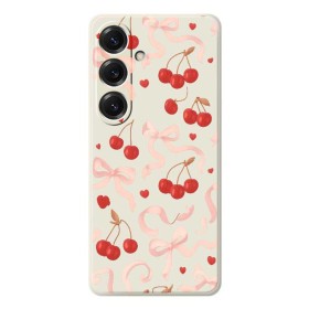 Galaxy S25 kuorta koristavat herkät rusetit ja kirsikkakuosi.