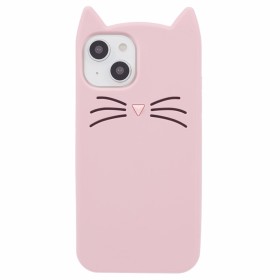 Vaaleanpunainen iPhone 14 / iPhone 13 suojakuori saa puhelimeen leikkisät kissankorvat ja kasvot.