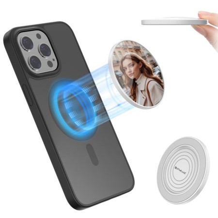 Magneettinen selfiepeili kiinnittyy puhelimen taakse ja helpottaa kuvakulman tarkistamista.