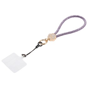 Violetti strassikoristeinen rannelenkki helpottaa puhelimen kantamista.